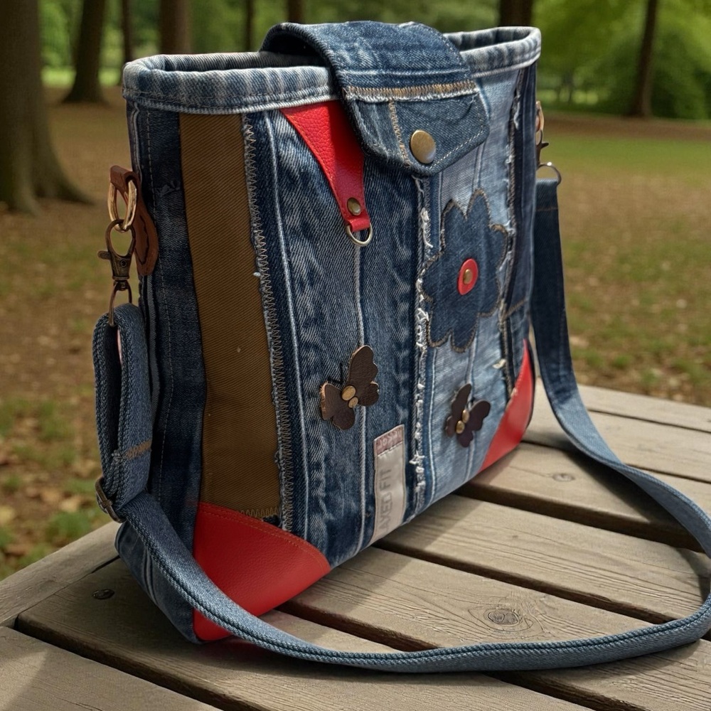 Patchwork Denim Crossbody Bag – Butterfly & Flower Design - Picture 7 of 13
